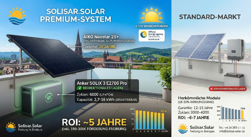 Vergleich eines Balkonkraftwerks mit und ohne Speicher in Freiburg.