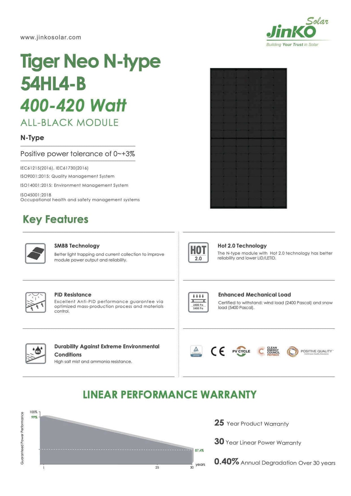 Datenblatt Solarmodul Jinko Tiger Seite 1