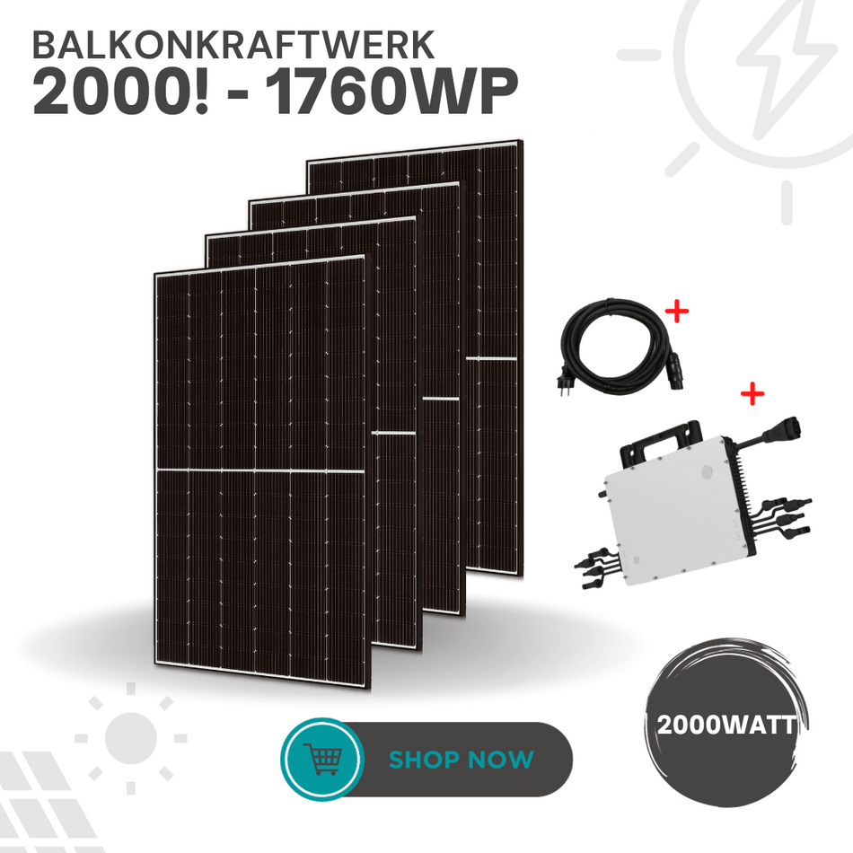 Balkon-Solaranlagen - 2000 Watt
inklusive Anschlusskabel (5m oder 15m) & Hoymiles HMS-2000-4T Microinverter Modulwechselrichter