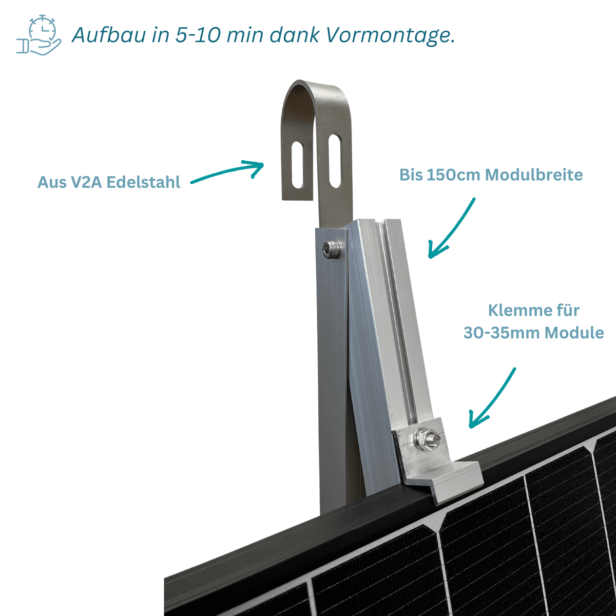 Haken aus V2A Edelstahl, Klemme für 30-35mm Module, bis zu 150cm Modulbreite