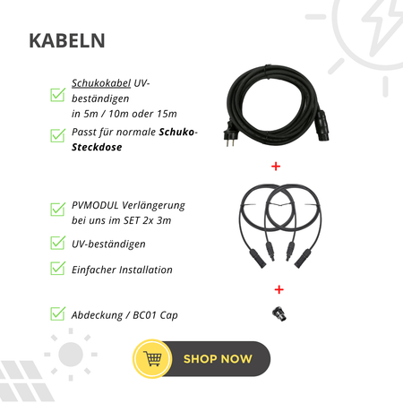 Schukokabel in 5m / 10m / 15m & PVMODUL Verlängerung 2x 3m & BC01 Cap