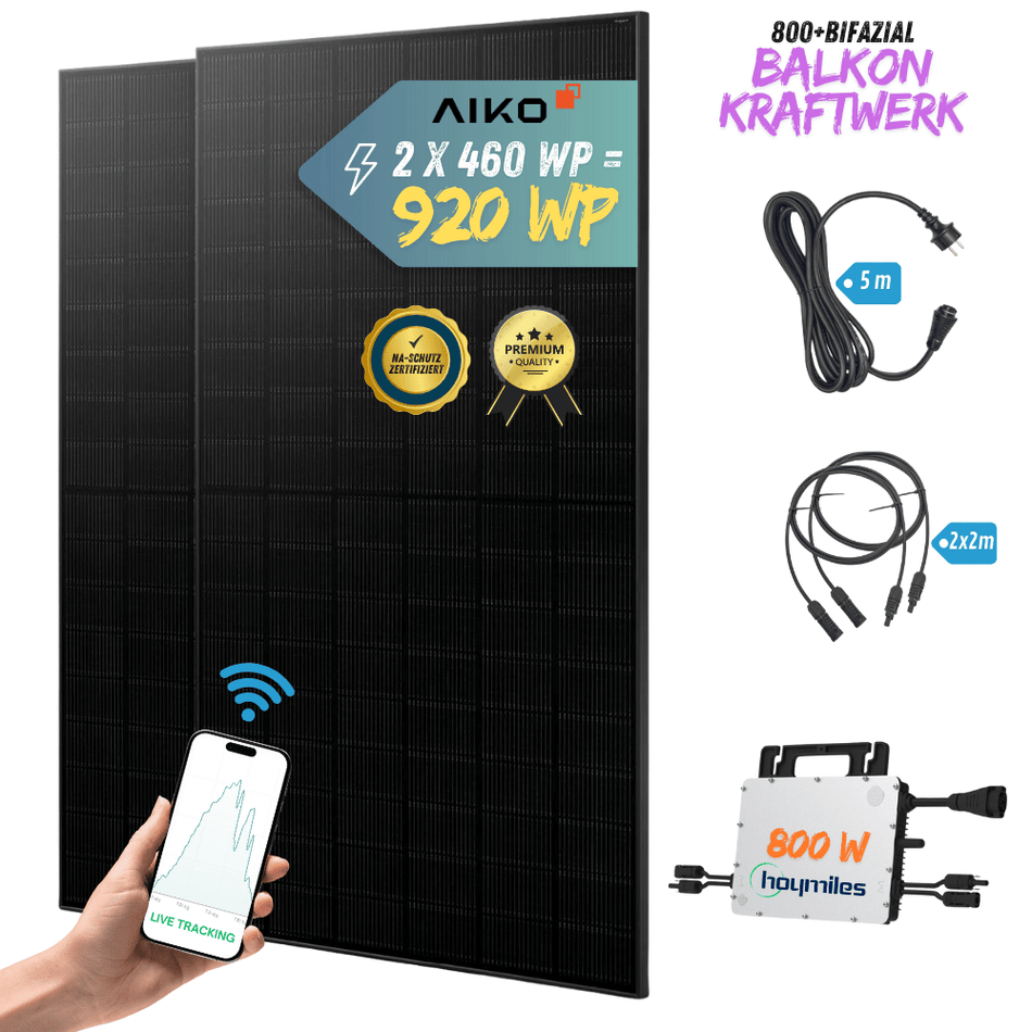 Balkonkraftwerk 800 Watt AIKO DUO | Hoymiles 800 Watt | Aiko Solarmodul 460Wp ABC N-Type Fullblack (2x460W)