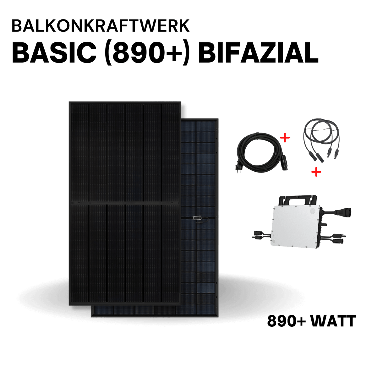 Balkonkraftwerk Basic 890+ Bifazial – Komplettset mit bifazialen Solarmodulen, Kabeln und Microinverter für 890 Watt Leistung
