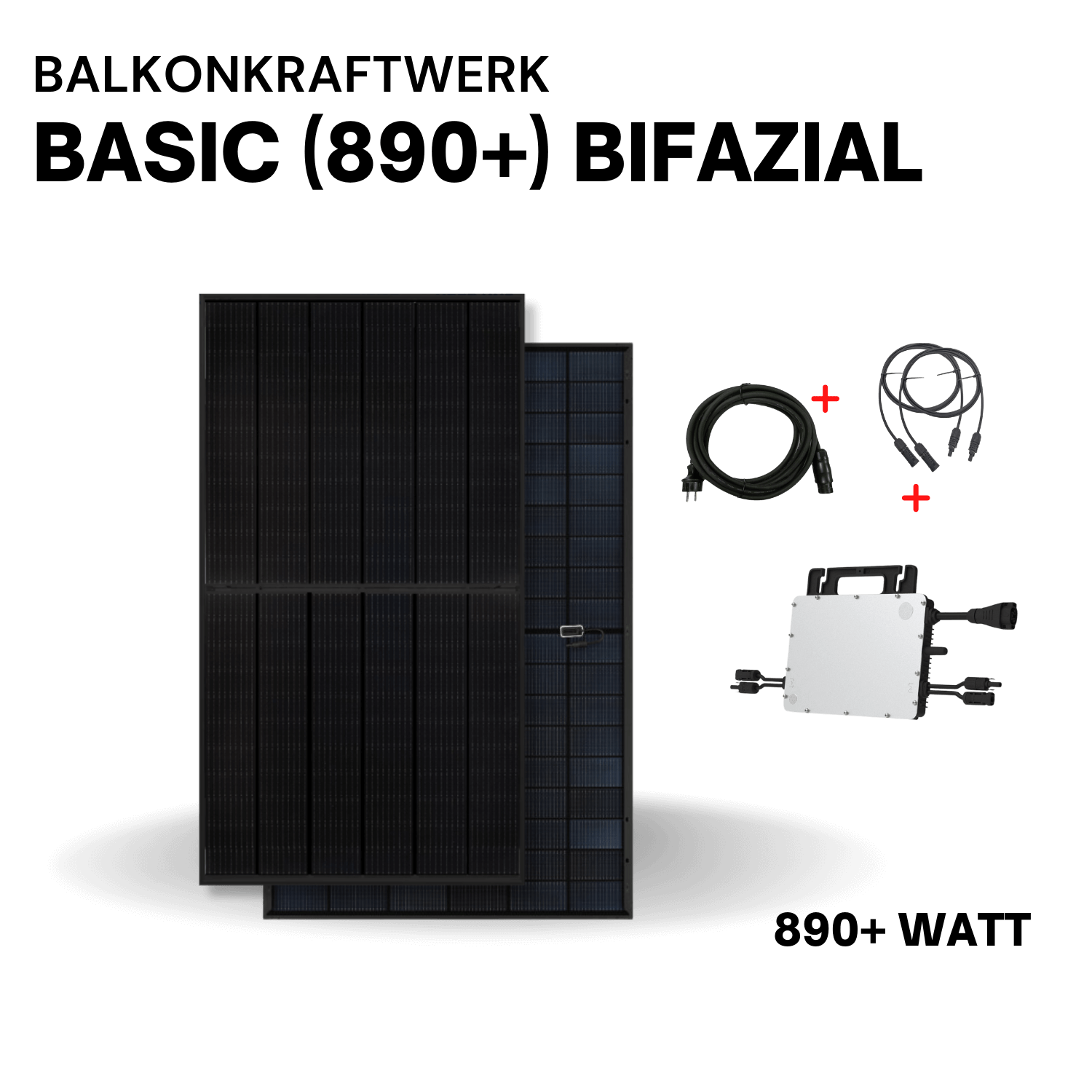 Balkonkraftwerk Basic 890+ Bifazial – Komplettset mit bifazialen Solarmodulen, Kabeln und Microinverter für 890 Watt Leistung