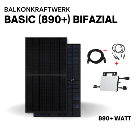 Balkonkraftwerk Basic 890+ Bifazial – Komplettset mit bifazialen Solarmodulen, Kabeln und Microinverter für 890 Watt Leistung