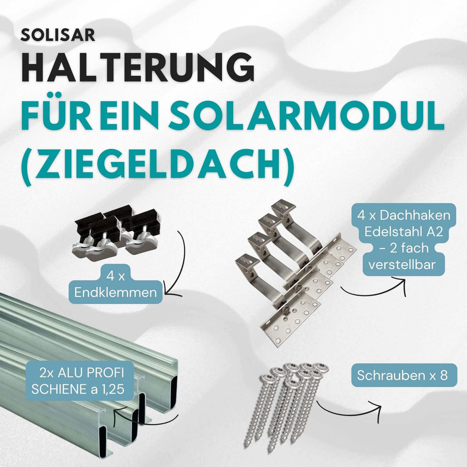 Montagesystem Set Solisar Dach Ziegeldach inklusive 4x Endklemmen, 4x Dachhaken aus Edelstahl, 2x Alu Schienen, 8x Schrauben