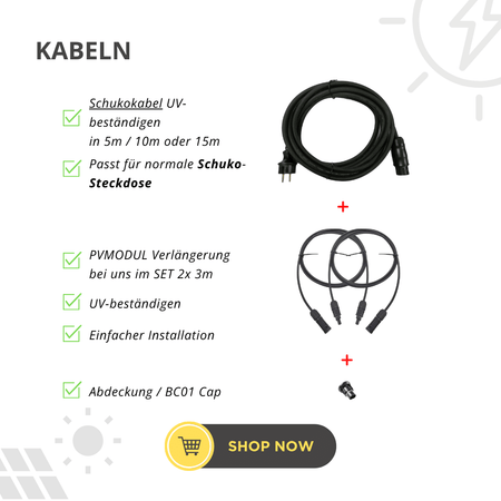 Kabeloptionen im Balkonkraftwerk 1600Wp Komplettset – Schukokabel UV-beständig in 5m, 10m oder 15m, PV-Modul Verlängerungskabel Set 2x 3m und BC01 Cap Abdeckung