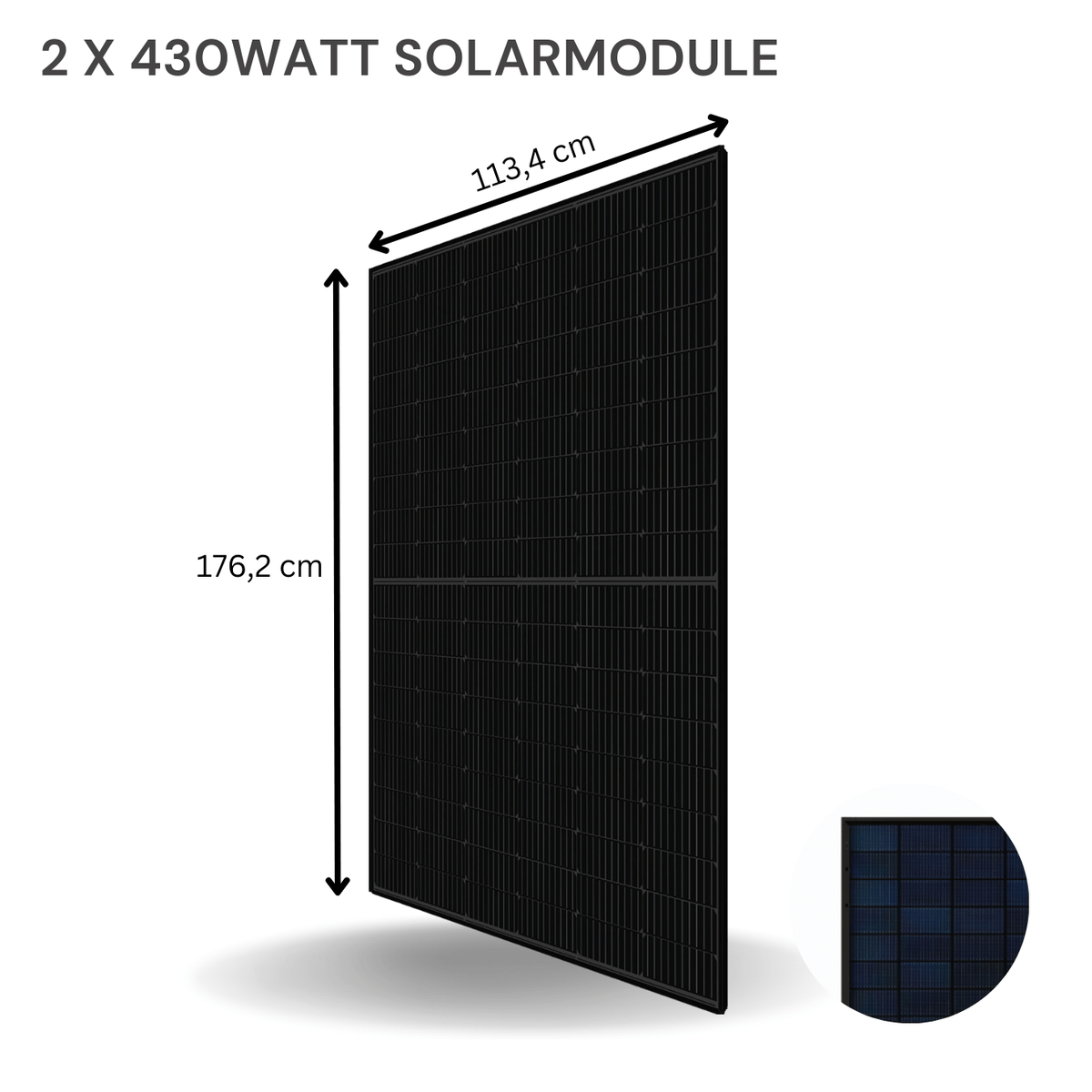 2 x 430 Watt Solarmodule im Balkonkraftwerk Komplettset – Abmessungen 113,4 cm x 176,2 cm