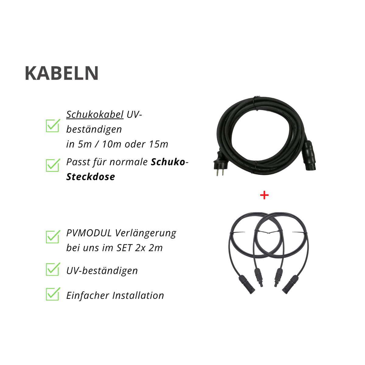 Kabeloptionen im Balkonkraftwerk 445W Komplettset – Schukokabel UV-beständig in 5m, 10m oder 15m, PV-Modul Verlängerungskabel Set 2x 3m