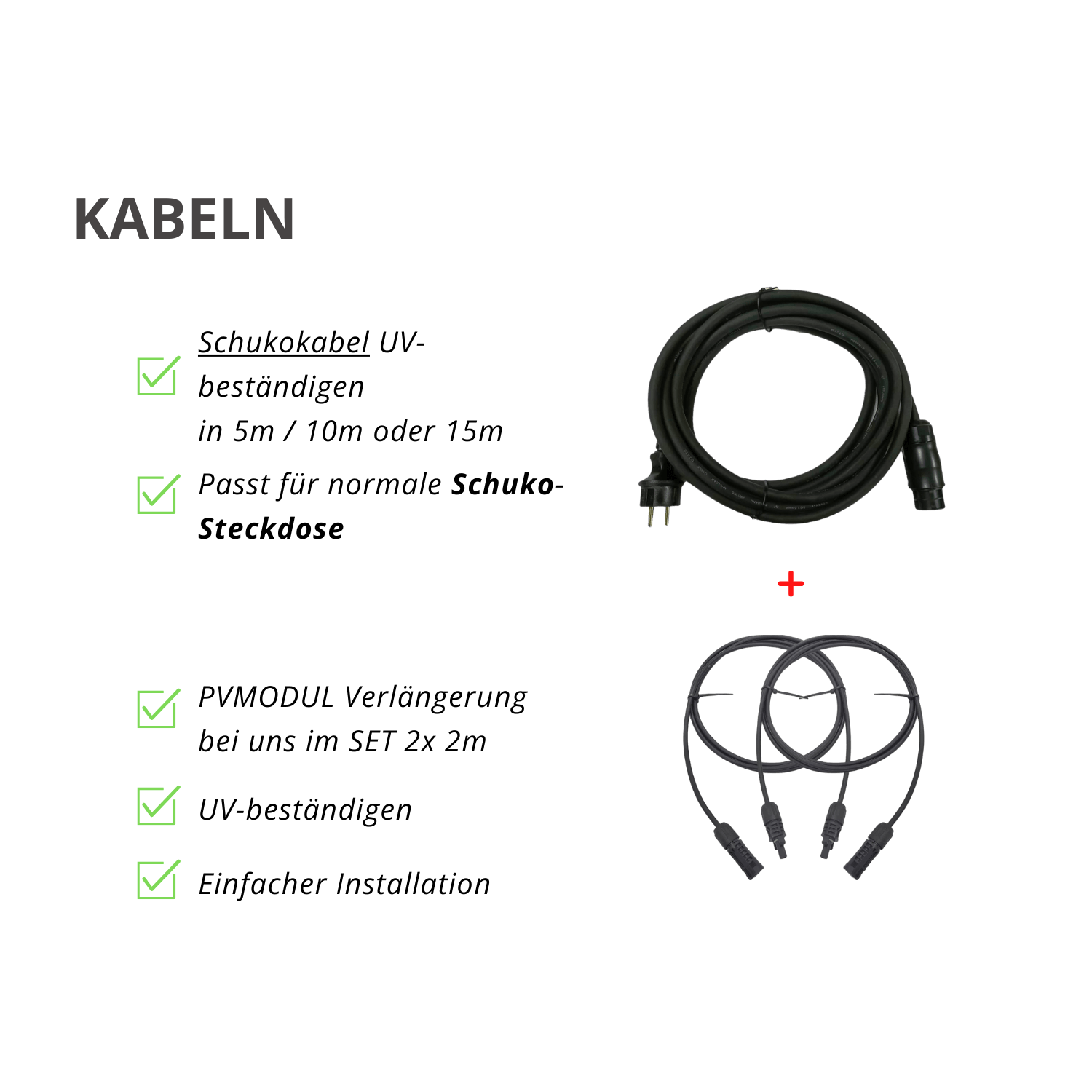 Kabeloptionen im Balkonkraftwerk 445W Komplettset – Schukokabel UV-beständig in 5m, 10m oder 15m, PV-Modul Verlängerungskabel Set 2x 3m