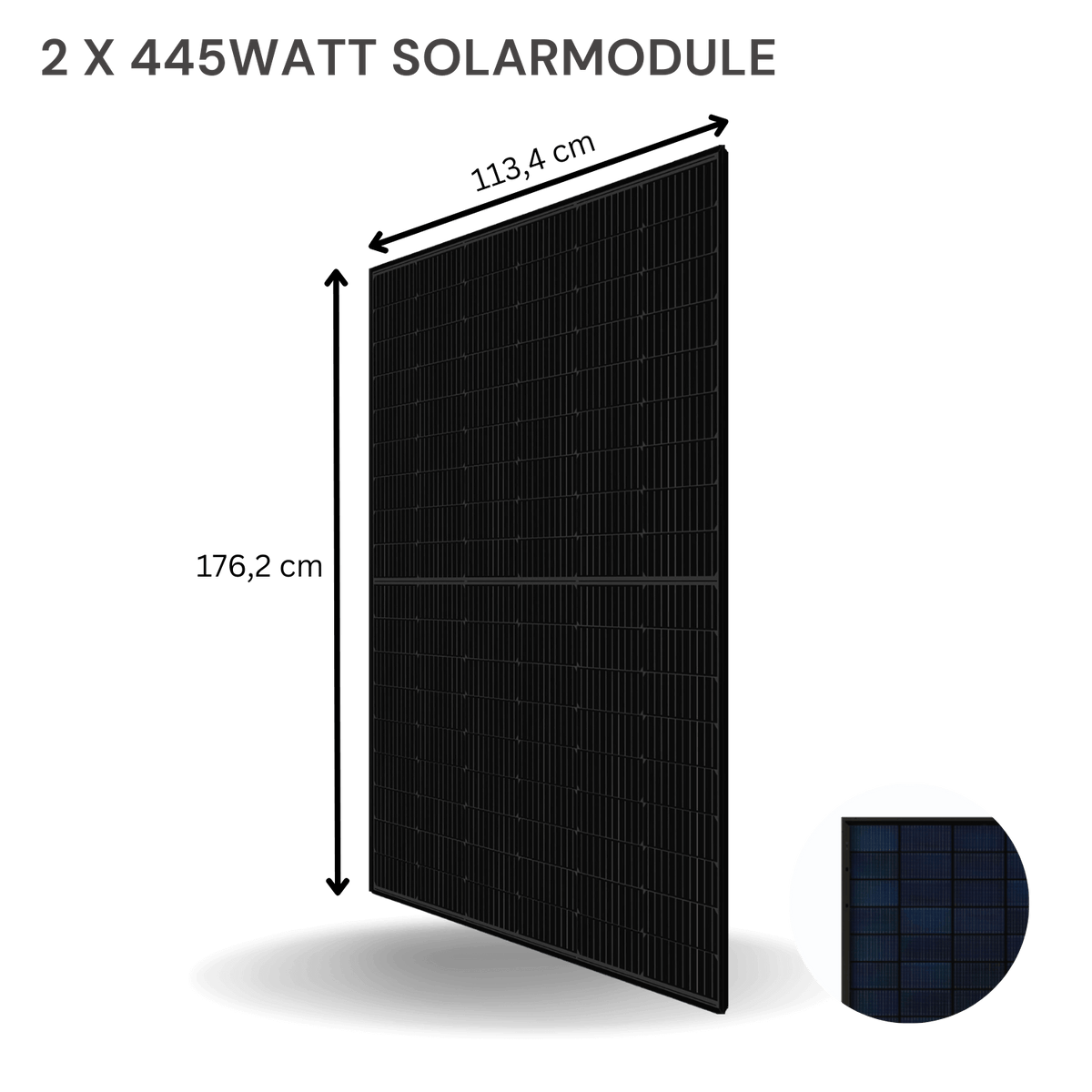2 x 445 Watt Solarmodule im Balkonkraftwerk Komplettset – Abmessungen 113,4 cm x 176,2 cm