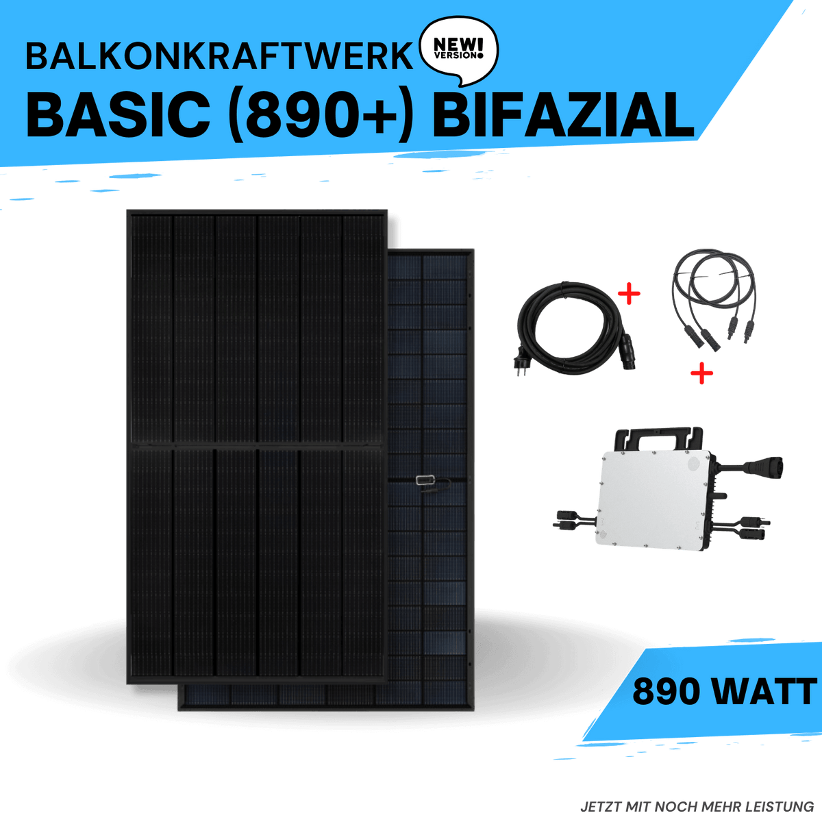 Balkonkraftwerk Basic 890+ Bifazial – Komplettset mit bifazialen Solarmodulen, Kabeln und Microinverter für 890 Watt Leistung