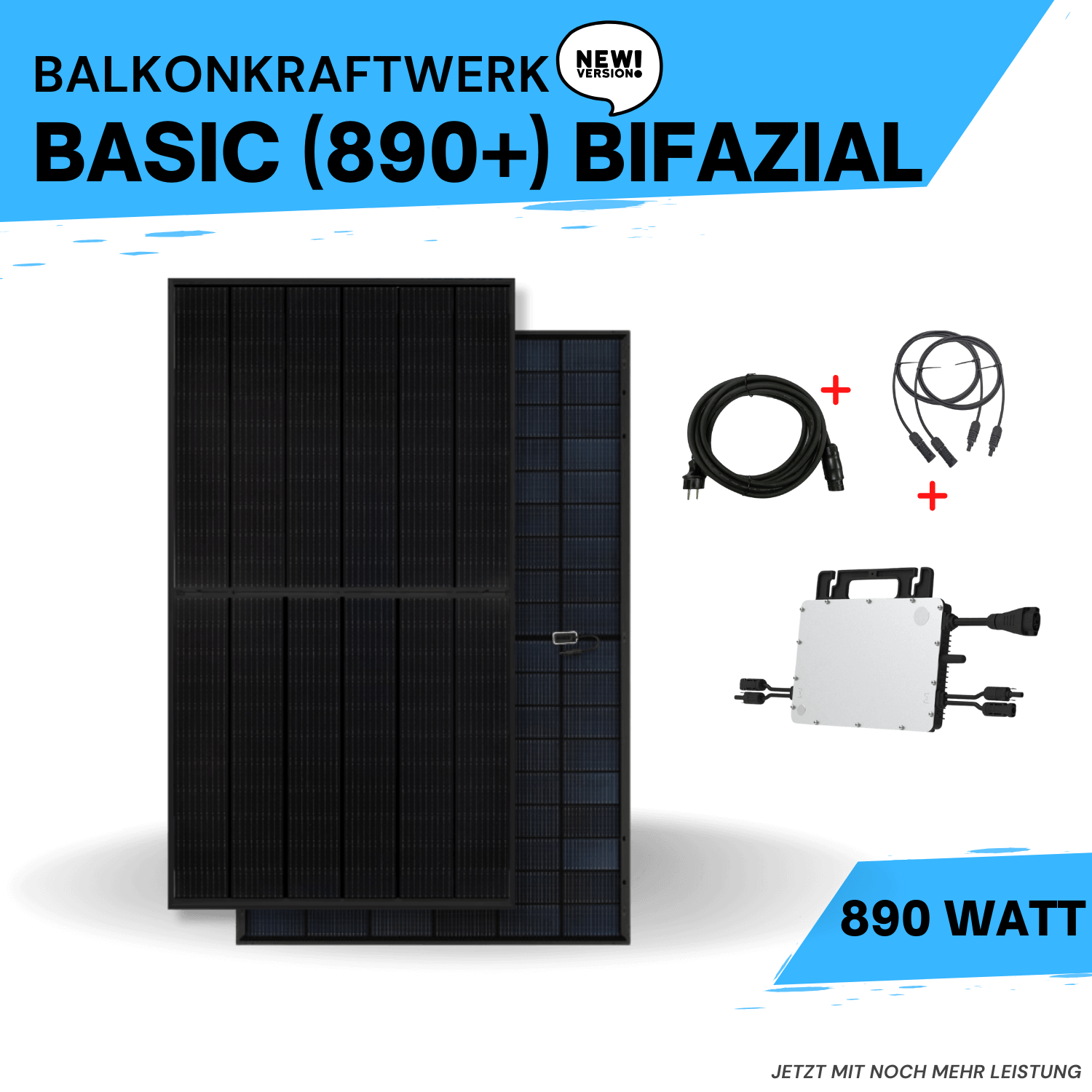 Balkonkraftwerk Basic 890+ Bifazial – Komplettset mit bifazialen Solarmodulen, Kabeln und Microinverter für 890 Watt Leistung