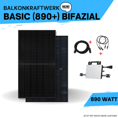 Balkonkraftwerk Basic 890+ Bifazial – Komplettset mit bifazialen Solarmodulen, Kabeln und Microinverter für 890 Watt Leistung