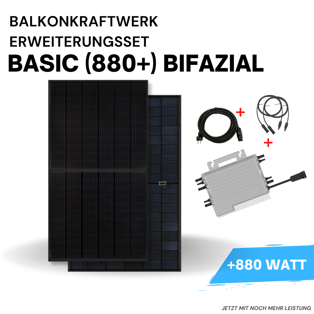 Balkonkraftwerk Erweiterungsset Basic (880+) Bifazial – Set mit Solarmodulen, Kabeln und Microinverter für 880 Watt Leistung