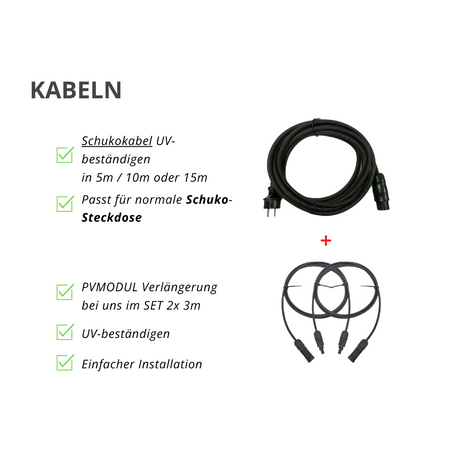 Kabeloptionen für das Balkonkraftwerk – Schukokabel UV-beständig in 5m, 10m oder 15m, PV-Modul Verlängerungskabel Set 2x 3m