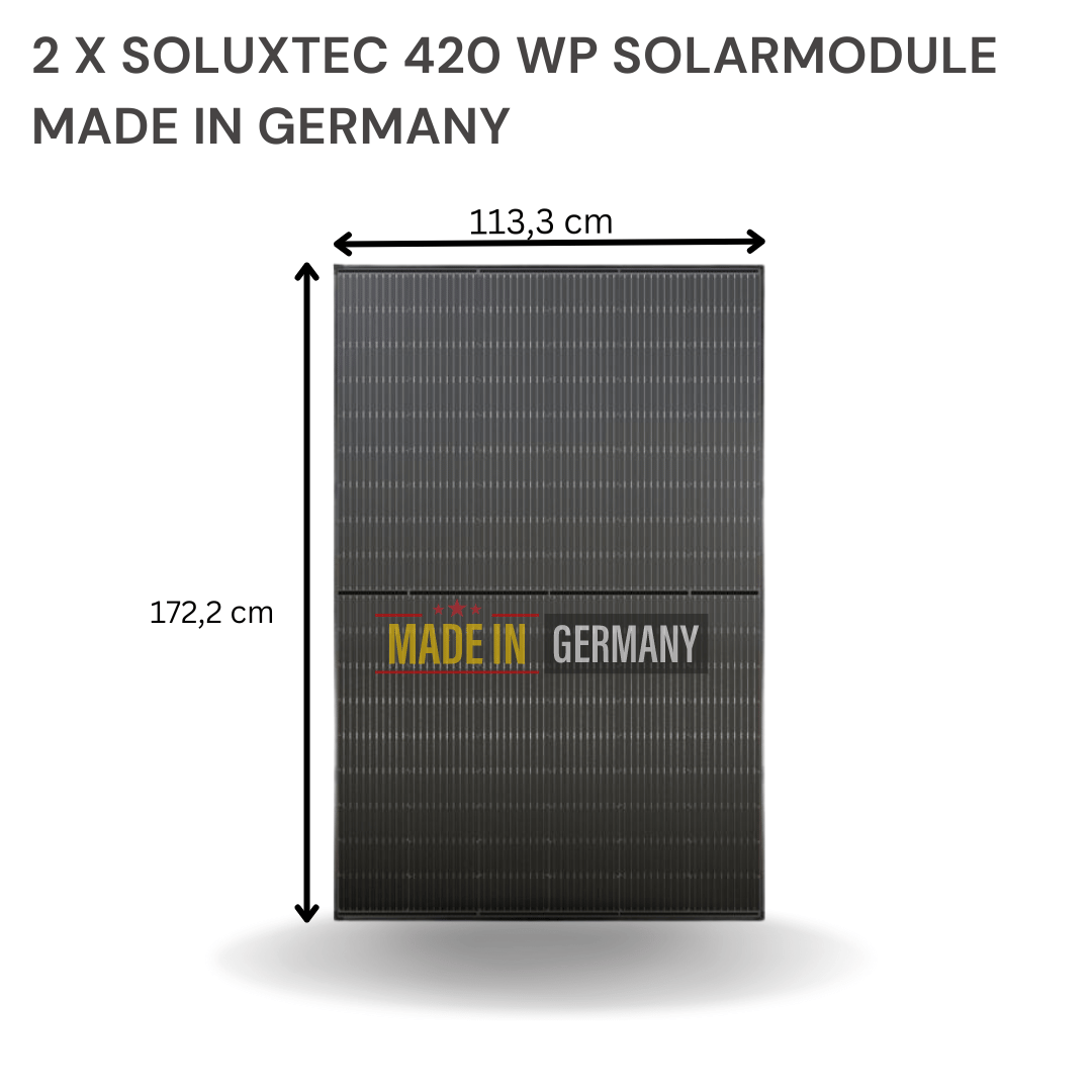 2 x Soluxtec 420WP Solarmodule Made in Germany – Abmessungen 113,3 cm x 172,2 cm